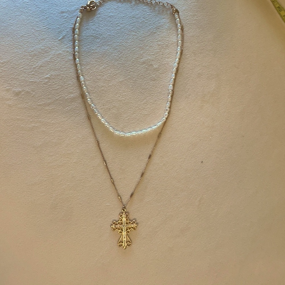 COPY - Junior 2 in 1 cross pendant. NWOT. Pearl Chocker drops to gold tone cros…